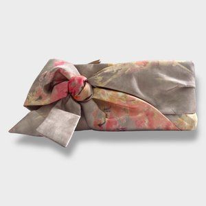 VALENTINO Silk Satin Floral Watercolor Bow Pleated Zip Clutch Wristlet Purse bag